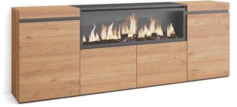 Skraut Home | Sideboard, Highboard | Kommode, Komodenschrank | 210 | 4 Türen | Elektrokamin XXL | Moderner Stil | Eiche