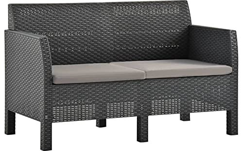 Rantry Casa Gartensofa 2-Sitzer mit Kissen aus Rattan PP Anthrazit, Sofas für den Außenbereich für den Garten, Sofa für den Garten, Sofa für Terrasse im Freien, Möbel für Garten und Haus