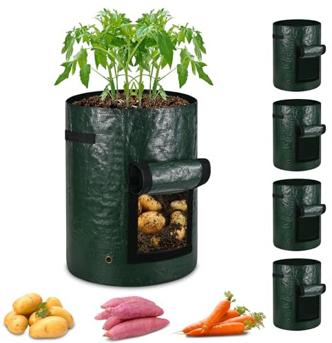 ECCOGREAT 5 X 20L Pflanzsack aus PE Material,160g/m²Tomaten Kübel Pflanzkübel mit Fenster und Starken Griffen für Kartoffeln,Tomaten,Erdbeeren,Blumen,Pflanzen und Gemüse auf dem Balkon oder im Garten