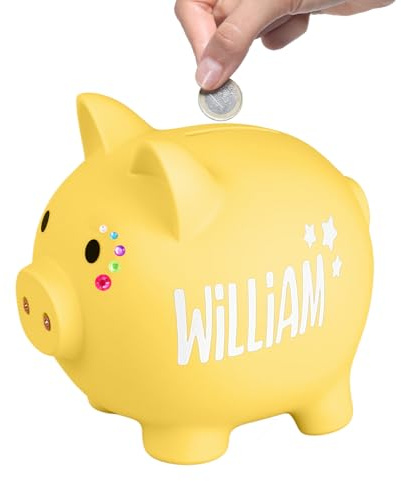 Sparschwein für Mädchen & Jungen, Sparschwein für Kinder,Unzerbrechliche Spardose, Spardose Personalisiert mit Namen Taufe, Kommunion, Konfirmation,Geburt(Gelb)