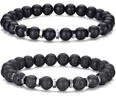 RANKEEF Perlenarmbänder Herren Set mit 8 mm Tigerauge Lavastein Naturstein | 8mm Stretch Armband Perlen Set Herren mit Tigerauge Lavastein Obsidian Schwarzer Turmalin Naturstein Armband