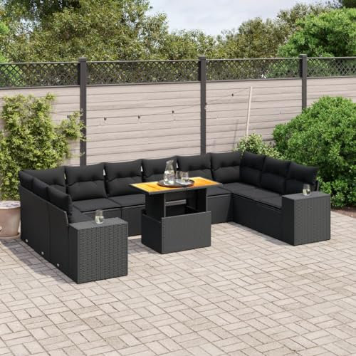 Festnight Gartenlounge Set mit Tisch Höhenverstellbarer, Gartenmöbel Set, Rattan Balkonlounge Set, Terrassensofa Rattan, Balkonmöbel Set, Loungemöbel Polyrattan,Schwarz 11-tlg-Type-119