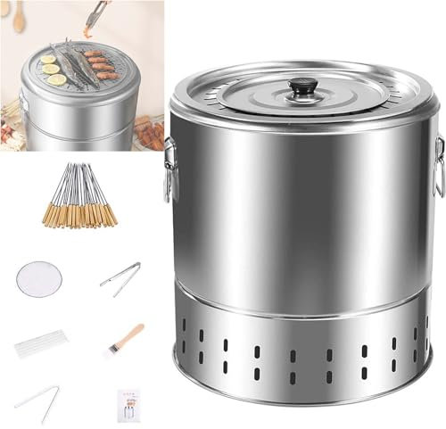 Barbecue Grill Eimer Stahl kompakt mit Lüftungsöffnungen - Rauchfreier BBQ Holzkohlegrill für Anhänger Camping Garten - 360° Rundum Braten - Ölkohle-Trennung - Küchenausstattung