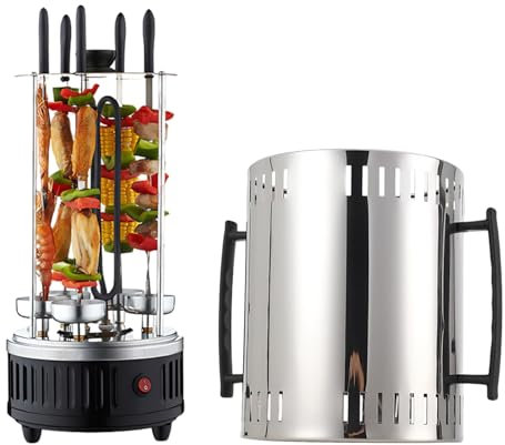 Vertikaler Elektrischer Grill 1000W Elektrogrill Schaschlikgrill mit 6 Spieße,BBQ Vertikalgrill Rundgrill für Schaschlik-, Fleisch-, Garnelen-, Gyrosspieße Dreh-Grill Heizmodul mit Schutzgitter