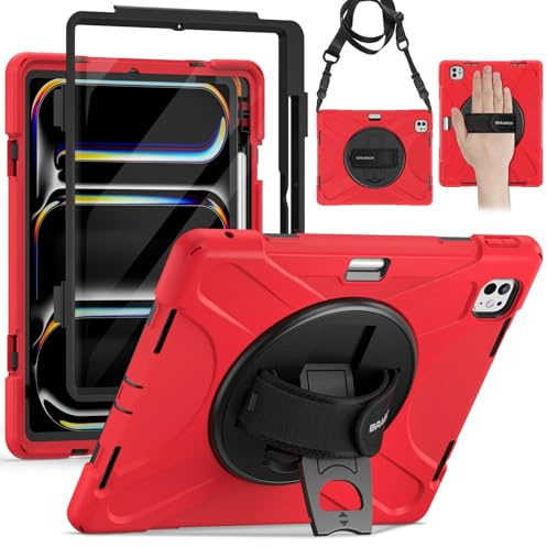 BRAECN pour Coque iPad Pro 13 Pouces 2025 M5/2024 M4, Étui de Robuste avec Film Protection, Support Rotatif à 360°et Dragonne, Bandoulière, Porte-Stylet, Rouge
