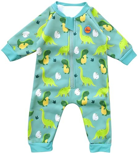 Swimbubs Baby Swimming Warm Suit Boys Fleece Lined Wetsuit Girls UV UPF50 Sun Protection Swimsuit (6-12 Months, Green Dinosaur)