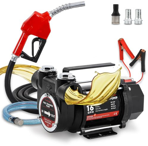Poafamx 16 GMP Diesel Transfer Pump, 12V DC Fuel Transfer Pump Kit with Nozzle Hoses, Self Priming Electric Oil Transfer Pump with High Flow Rate Auto Motor for Diesel Oil