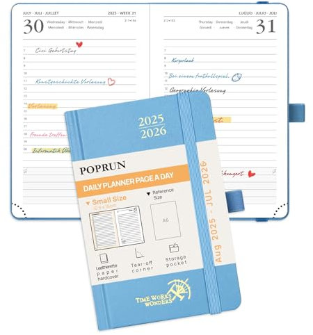 POPRUN Tagesplaner 2025 2026 Hardcover 16 x 10,5 cm, Tageskalender A6 1 Tag 1 Seite (Montag - Sonntag), Terminplaner (Aug.2025-Jul.2026) mit Stiftschlaufe - Dunstblau