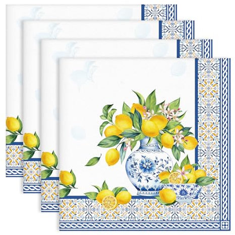 Arquiel Servietten Blauer Zitrone 4er-Set, Stoffservietten 100% Baumwolle Dekoratives Weiches Wiederverwendbare Esstisch Servietten für Hochzeiten Küche Haushalt Frühling/Sommer(45×45cm)