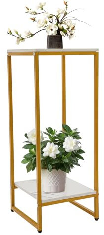Tyvotrend 2 Etagen Pflanzenregal Metall Blumenständer, Hoch Pflanzenständer aus Eisen und Holz, Quadratische Blumentopfständer für Innen Garten Balkon Deko, 30.2x30.2x75cm