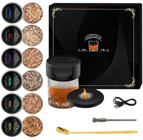 KBIBCK Elektrischer Whiskey Smoker Set, Altmodisches Whisky Raucher Kit mit 6 Aromaholzspänen, Whiskey-Räucherbox Wiederaufladbare Cocktail Zubehö Geschenk für Vater, Ehemann und Cocktail-Liebhaber