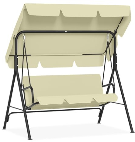 HENGMEI Hollywoodschaukel Gartenschaukel 3-Sitzer Gartenliege Schaukelbank Metall Garten Schaukel mit Verstellbarem Sonnendach Hängeschaukel mit Liegefunktion(176x110x152cm, Beige)