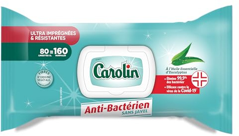Carolin Lingettes Multi-Surfaces Anti-bactériennes sans Javel à l'Huile Essentielle d'Eucalyptus x80