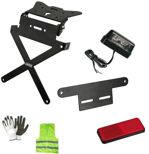 Compatible avec Kawasaki VN 1700 Classic Tourer ABS KIT Moto Support DE Plaque D'IMMATRICULATION RÉGLABLE+ÉCLAIRAGE 4 LED+Support DE CATALYSEUR+CATADIOPTRE HOMOLOGUÉ