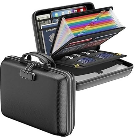Boite Ignifuge, Boîte à Documents à Coque Rigide avec 13 Dossiers de Documents Trieur Document avec Serrure à Combinaison pour Documents Importants Passeports Ordinateur Portable et Certificats