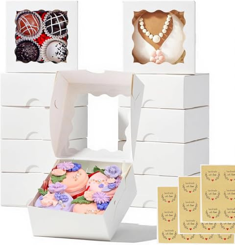 ORFCP 50 Stück Gebäckkarton, Weiße Kuchenkarton mit Aufklebern, Weiß Bäckerei Boxen, Cupcake Transportbox mit Fenster, Geschenkbox, Tortenschachtel, Bäckereischachteln für kleine Kekse
