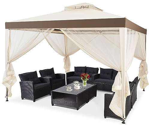 GOPLUS Carpa Plegable 3 X 3 M con Doble Techo, Pabellón Gazebo de Jardín Impermeable con 4 Mosquiteras Transparente, Cenador Metálica para Exterior Terraza,Camping (Beige)