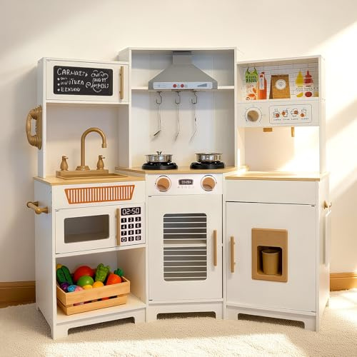 YUG Kids Play Kitchen Set with Real Lights & Sounds Toddler Kitchen Playset Including Stove, Oven, Ice Maker, Range Hood, Corner Pretend Kitchen Toy for Boys Girls Ages 3+, ASTM CPSIA Compliant