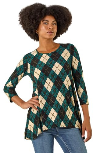 Roman Originals Hanky Hem Tunic Top for Women UK - Ladies Longline Blouse Asymmetric Hemline Casual Slouch Loose 3/4 Sleeves Round Neck Relaxed Comfortable Holiday