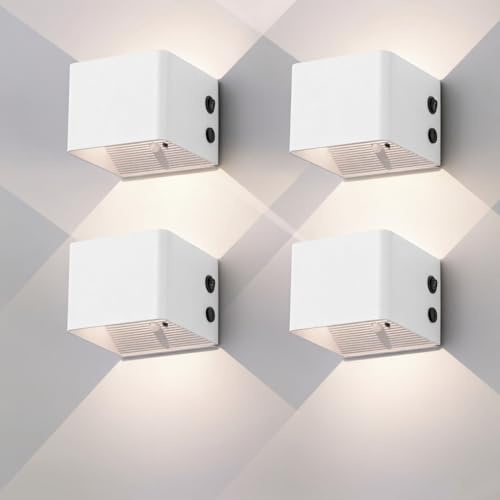 Akku Wandleuchte Innen mit Bewegungssensor,Fernbedienung 3 Farben Wandlicht Up and Down Innen LED Wandleuchte 3 Modi Wiederaufladbare Batteriebetriebene Wandlampen Helligkeit Einstellbar Weiß 4 Stück