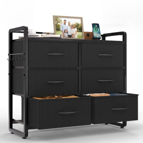 HOKEEPER Kommode 6 Schubladen Stoffbezug | Chest of Drawers, Stoffschubladen, Holz, mit Schubladen, für Wohnzimmer, für Schlafzimmer, Schwarz, weiche Stoffschubladen