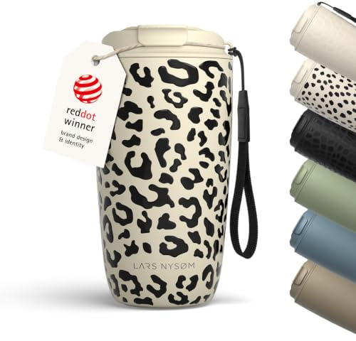 LARS NYSØM Thermo Kaffeebecher to go mit Trageschlaufe 500ml | Travel Mug 0,5 L mit Isolierung | Auslaufsicherer Edelstahl Thermobecher mit Musterdesign für Café & Tee (Beige/Leopard/Black, 500ml)