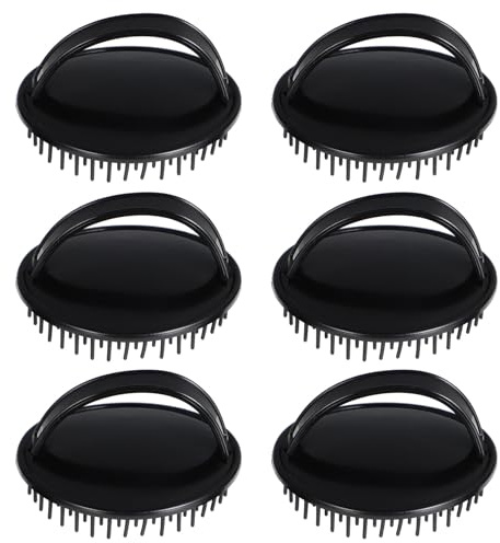 6 Stück Kopfhautmassagebürsten Schwarz mit Weichen Kunststoffborsten | Rutschfeste Handschlaufe, Palmgriff und Runde Form, für Haarwäsche und Pflege im Bad
