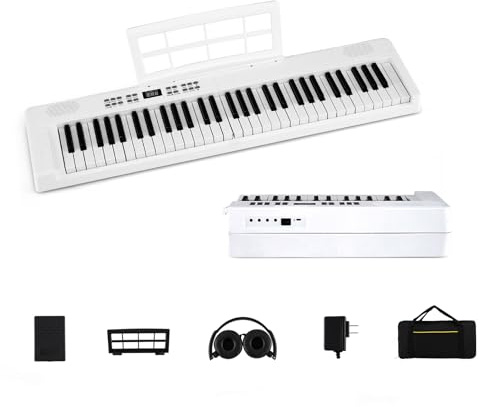 KOMFOTTEU Piano digital plegable con 61 teclas, piano con auriculares, pedal, atril y piano digital con 128 sonidos y ritmos, teclado de piano con funda (color blanco)