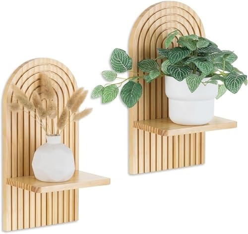 Set da 2 Mensole da Parete in Legno Stile Bohémien, Mensola Flottante in Legno Massiccio per Piante e Decorazioni, Design Nordico per Soggiorno, Camera da Letto, Cameretta e Bagno, Idea Regalo