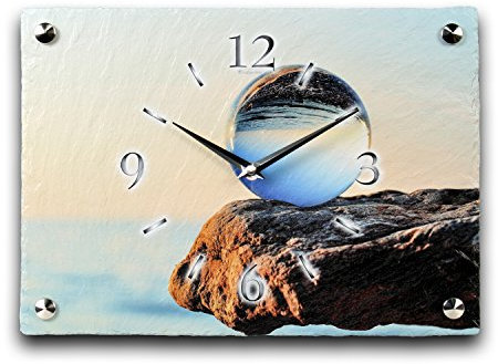 Kreative Feder Designer-Wanduhr aus Stein (Beton) mit flüsterleisem Funkuhrwerk - Glaskugel