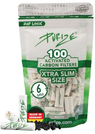 PURIZE® Xtra Slim Size Aktivkohlefilter ø 6 mm – 100er Pack - White | Aktivkohle auf Kokosnuss-Basis, Keramikkappen beidseitig, kühles Raucherlebnis, wiederverschließbarer Beutel, Made in Germany