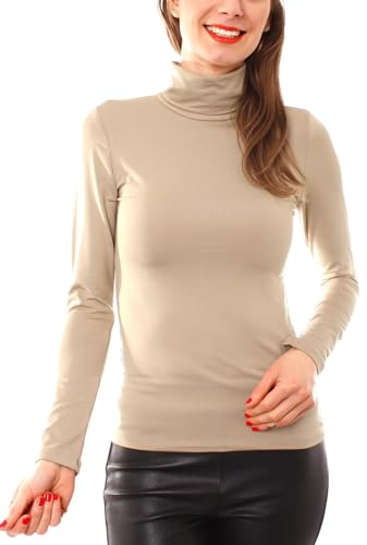 Easy Young Fashion - Damen Thermo Mikrofaser Langarm Rollkragen Shirt - Rolli Unterziehshirt Skinny Fit 3253 - Beige M