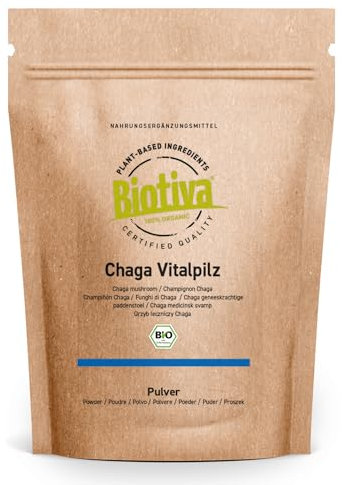 Champignon chaga en poudre bio 125g - Cueillette sauvage certifiée - >2% de polysaccharides - Polypore oblique - Conditionné et contrôlé en Allemagne - Biotiva