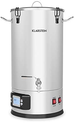 Klarstein Mash-Proof Boiler - Mash Kettle, Beer Brewing Plant, 2 Stages: 1500/3000 W, 5-Piece Set, Filter Bucket, Cooling Coil, LCD Display, Drain, Silver, 35 litres