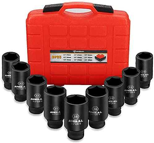 Anbull Juego de llaves de impacto profundo de 1/2 pulgada, 9 unidades, juego de llaves de impacto de tuercas de eje impulsor, 29 mm, 30 mm, 31 mm, 32 mm, 33 mm, 34 mm, 35 mm, 36 mm, 38 mm