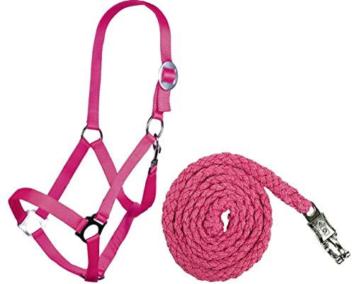 Generisch HKM Halfter-Set StarterHalfter + Führstrick mit Panikhaken verstellbar | versch. Farben (Pony, Neon Pink)
