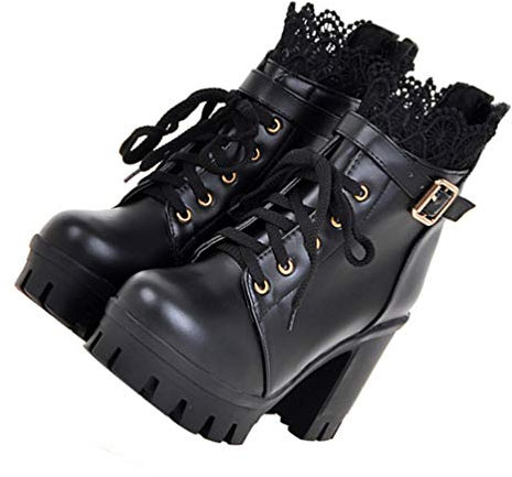 Happyyami Mode Bottine Femmes Courte Hiver Plate-Forme Botte Carré Bloc Talon Haut 6 Cm Boucle Chaussures Dentelle Chaud Bottillon Talons Épais Noir 41