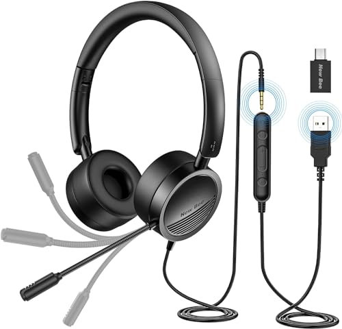 New Bee Auriculares Micrófono PC Auriculares Telefono USB/3.5mm Sonido estéreo Claro Cascos Business para Skype Softphone Centros de Llamadas Cursos Online(2 Piezas)