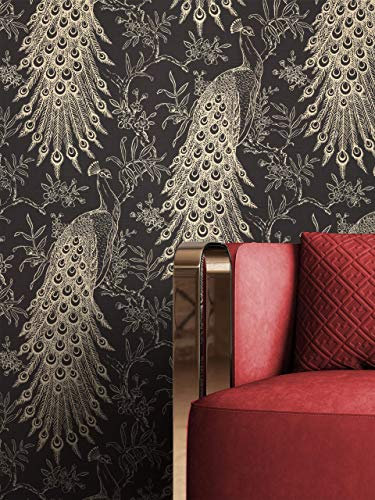 NEWROOM Tapete Schwarz Vliestapete Dschungel - Dschungeltapete Tropisch Gold Tiere Pfau Mustertapete Exotisch Natur Botanisch inkl. Tapezier-Ratgeber