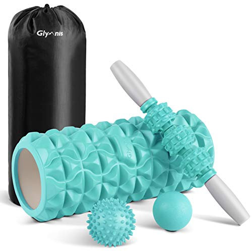 Glymnis 4-in-1-Massagerollen-Set mit Schaumstoffroller und Massagestab und 2 Massagebälle, Rolle aus Schaumstoff für Tiefenmassage, Shaping Yoga (Türkis)