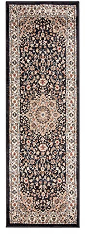 Mazovia Traditioneller Orientalischer Läufer Flur - Teppichläufer mit Blumen - Weich Flurläufer für Wohnzimmer, Schlafzimmer - Teppiche - Schwarz Beige - 80 x 300 cm