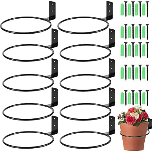 MAHIONG 10 PCS 5 Inches Flower Pot Holder Ring, Wall Mounted Wall Plant Hanger, Collapsible Metal Wall Planter Holder for Indoor and Outdoor Plant Pots, Black