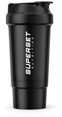 SUPERSET NUTRITION - Shaker 500ml - Mélange de Protéines - Compartiment Intégré - Mélange Parfait sans Grumeaux - Couvercle Étanche - Noir