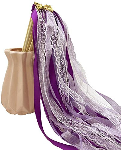Egurs Zauberstäbe mit Band Glocken Für Hochzeit 30 Stück Spitzen Fee Stick Luftschlangen Spitzenband Zauberstäbe Wedding Wands für Hochzeit, Weihnachten, Geburtstag, Party Violett 30 Stück
