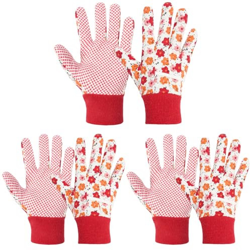 Ainiv Handschuhe für Garten, 3er Set Gartenhandschuhe, Antirutschbeschichtung Arbeitshandschuhe, Arbeitshandschuhe mit PVC-Punkten reißfester Canvas-Stulpe Zum pflanz & Gartenarbei (Begonienblumen)