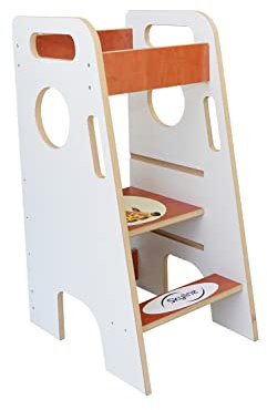 Skyline Steh und Lernturm Baby ab 1 Jahr Montessori Learning Tower Höhenverstellbar Tritthocker Kinder Indoor Möbel Kinderzimmer Trittschemel Kitchen Helper Hochstuhl Faltbarer (Weiß mit Giraffe)