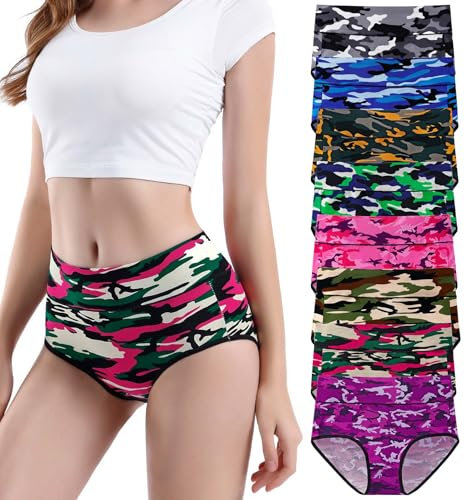 YOULEHE Women's High Waist Knickers Ladies Cotton Briefs Underwear Full Coverage Soft Breathable Panties Multipack (8 Pack-Camouflage, M)