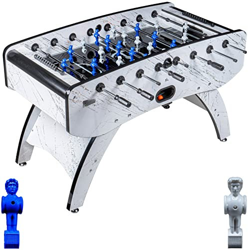 RAMROXX Fußball Tischkicker Premium Weiß Glasspielfeld Figuren Blau Weiss 80kg
