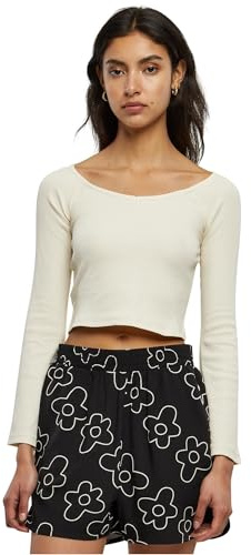 Urban Classics Damen Ladies Short Rib Wide V-Neck Longsleeve whitesand, L