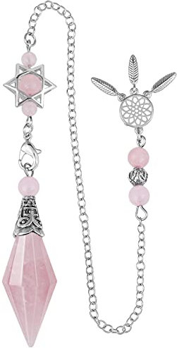 Nupuyai Péndulo de piedra de cristal de cuarzo rosa para adivinación, rascador, péndulo de piedra curativa con cadena de atrapasueños Merkaba